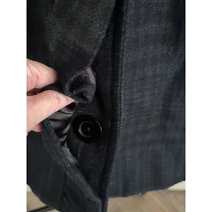 Title: Old Navy L Blue Black Plaid Wool Blend Ruffle Placket Long Coat MSRP $80 thumbnail 11
