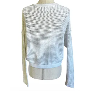 Hollister Womens White Open Knit Cropped Sweater Small Cotton Crew Neck | 0124 thumbnail 2