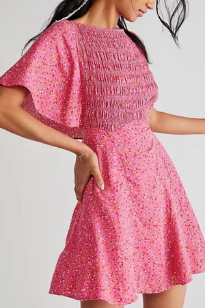 Free People Pink Floral Smocked Skater Dress Femme Florence Mini Medium thumbnail 1