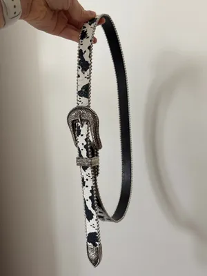 Western-Style Black and White Cow Print Belt with Silver Buckle thumbnail 2