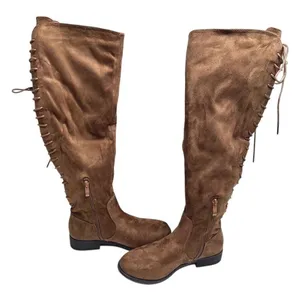 French Connection Brown Vegan Suede Lace Up Over The Knee Boots Low Heel Size 6 thumbnail 5