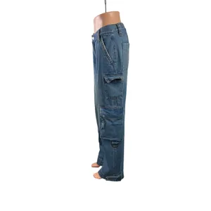 Oak + Fort Womens Blue High Waisted Straight Wide Leg Cargo Denim Jeans Pants 26 thumbnail 2