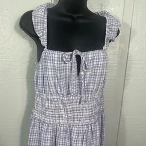 WAYF Purple Gingham Checkered Smocked Waist Flutter Sleeve Midi Dress SZ M NWT thumbnail 4