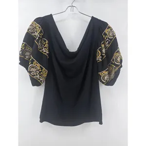 Free People Top‎ Womens Medium Black Embroidered Puff Sleeve Draped Neck Boho thumbnail 3