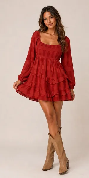 Altar'd State Rust Tiered Ruffle Mini Dress Smocked Long Sleeve Medium NWT #C2-1 thumbnail 1