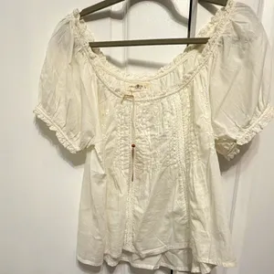 Natural Life White Cotton Woven Peasant Blouse Lace Embroidered Puff Sleeve L thumbnail 1
