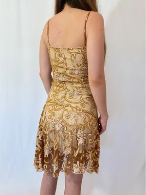 Gold Paisley Swirly Mesh Overlay Vintage Square Neck Formal Dress thumbnail 3