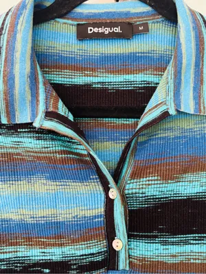 Women's Desigual Striped Knit Tshirt Blue collar size medium thumbnail 4