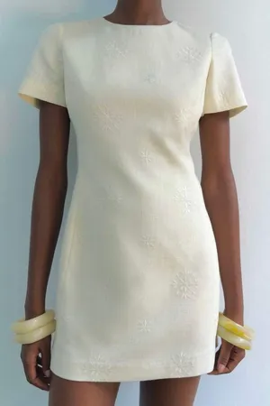 Zara NWT ZW COLLECTION ECRU linen blend EMBROIDERED MINI DRESS size M thumbnail 1
