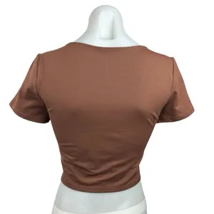 Reoria Women's Brown Pullover V Neck Short Sleeve Casual T Shirts Crop Top Sz M thumbnail 3