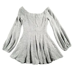 Luxxel Womens Large Gray Textured Knit Skater Mini Dress Bishop Sleeve Lined thumbnail 3