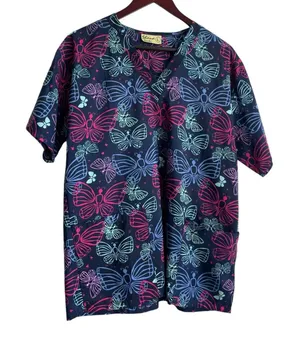 Shana‎ Women Scrub Top L Navy Butterfly Medical Uniform Nurse Workwear Dental thumbnail 1