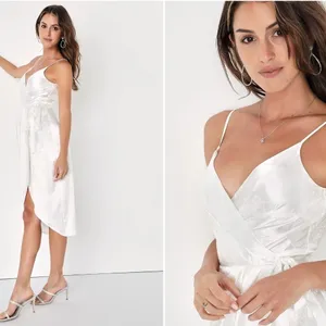 LULU's Elegant Sexy Wedding Bridal Shower Engagement White Satin Floral Dress thumbnail 3