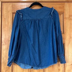 Willow Drive Chambray Blue Denim Ruffle Shirt Small thumbnail 5