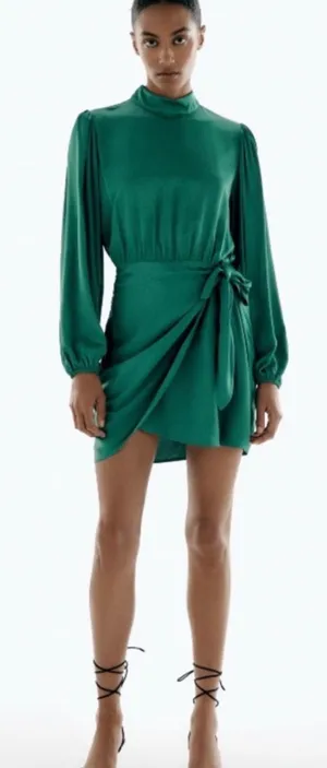 Zara Green Satin Mock Neck Faux Wrap Mini Dress Small Long Sleeve 1165/259 thumbnail 1