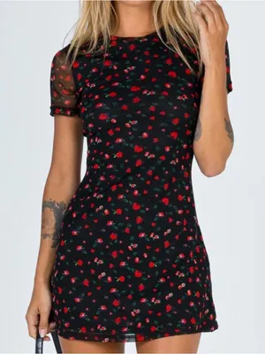 NWOT Princess Polly Black Dione Red Floral Mesh A-line Mini Slip Dress Size 6 thumbnail 1