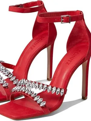 Schutz Red Embellished High Heels Strappy Square Toe Size 7.5 Women's thumbnail 1