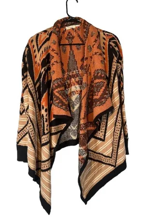 Blu Pepper Brown Peach Multi Color Aztec Mixed Print Knit Cardigan Women Sz M thumbnail 1