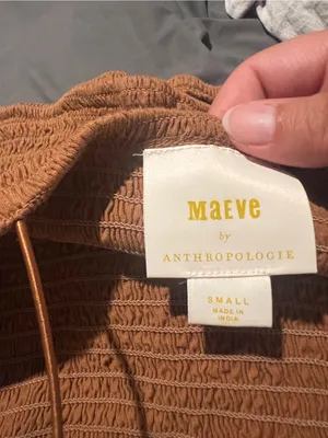 Anthropologie Maeve Smocked Spaghetti Strap Crop Top in Camel thumbnail 6