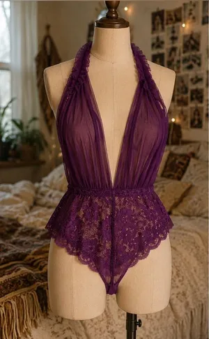 2X - Adore Me - Deep Purple Sheer Lace Halter Teddy thumbnail 1