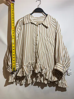 NWT Free People Bailey Navy Stripe Ruffle Hem Cotton Button Up Shirt XL thumbnail 9