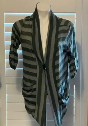 Aria Green and Gray Cardigan Sweater with Waterfall Front thumbnail 1