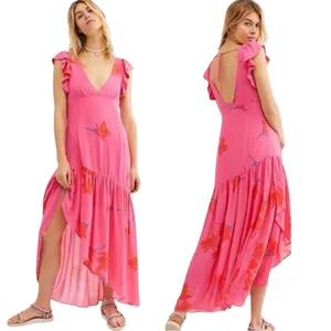 Free People Tropical Hawaiian Hibiscus Hot Pink Floral Maxi Dress Size 8 Summer thumbnail 5
