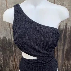 Woman’s New XL Elegant Black One-Shoulder Mokini Side Cut Out Textured Retro thumbnail 2