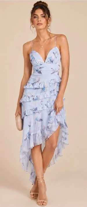 NEW Lulus Saveria Light Blue Floral Ruffle Asymmetrical Maxi Dress XS Party thumbnail 1