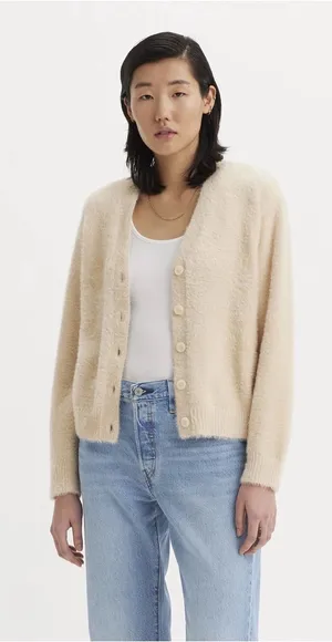 LEVI'S Betty Cardigan Cream Fuzzy Eyelash Knit Cropped Button Up Womens M thumbnail 1