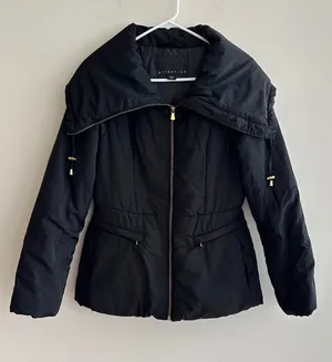 attention Black Fitted Puffer Jacket, Wide Collar, Gold Hardware, Size Small thumbnail 1