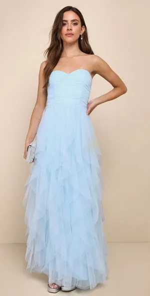 NWT Lulus Delightful Beauty Blue Mesh Strapless Ruched Ruffled Maxi Dress Sz S thumbnail 1