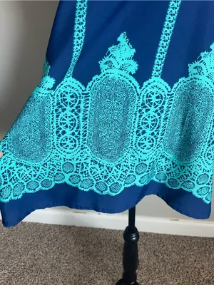 Navy Blue & Teal Graphic Print Mini Slip Dress Sz M thumbnail 3