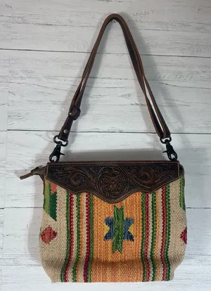 Myra handmade tooled bag leather & cotton carve detachable strap thumbnail 1