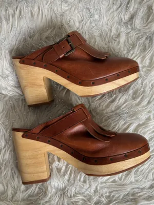 Madewell Brown Women’s Leather Fringe Mule Clogs Wooden Block Heels Size 7.5 thumbnail 3