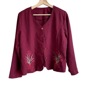 Vintage button front deep‎ red embroidered cardigan jacket women's floral size L thumbnail 1