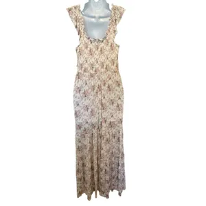 Bums & Roses Maxi Dress Medium Pink Floral Smocked Bamboo Tiered Ruffle Cottage thumbnail 6