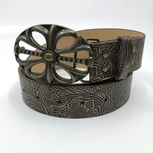 Women’s Brown Faux Leather Belt w/ Antique Gold Buckle, 28-36.5 Inches, X7G9A747 thumbnail 3