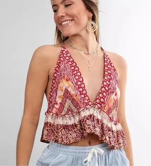 Free People Brighter Than Sunshine Cropped Ruffled Racerback Triangle Top Size M thumbnail 1