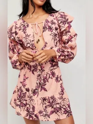 Free People Boho Mini Dress Size Small Cottagecore Festival Peasant Babydoll thumbnail 3