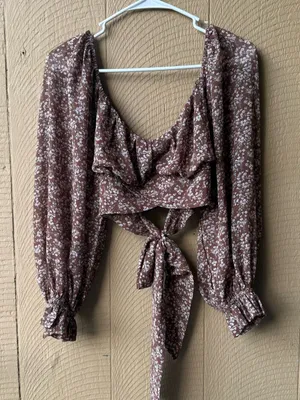 Altar'd State Brown Floral Tie-Back Puff Sleeve Top thumbnail 1