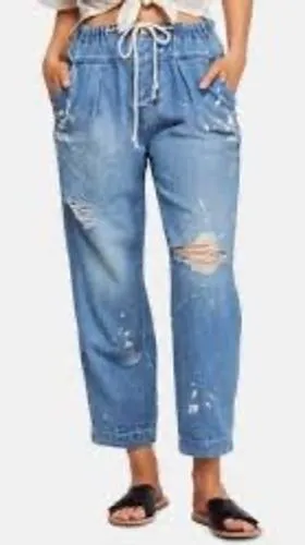 Free People Pacific Blue Paint Splatter Distressed‎ Denim Joggers XS NWT thumbnail 1