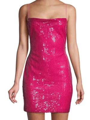 LIKELY Sequin Spaghetti Strap Draped Cowl Neck Mini Dress Fuchsia Pink Size 8 thumbnail 1