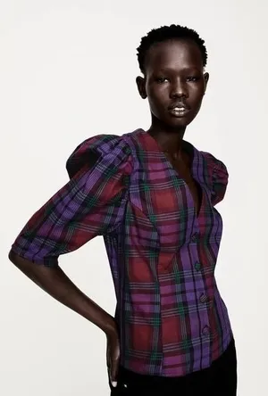 Zara Plaid Puff Sleeve Blouse‎ Women Size Medium Purple Red V-Neck Button Front thumbnail 1