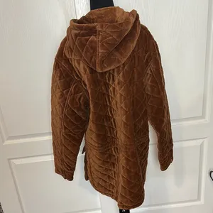 VINTAGE Brown CORDUROY Quilted Women's ZIP UP HOODED WARM Jacket thumbnail 4