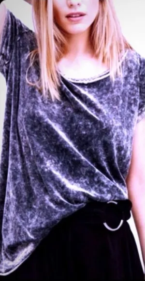Free People Doran Velour Short Sleeved Top: Pewter thumbnail 1