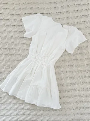 Abercrombie & Fitch White V-Neck Linen Smocked Waist Tiered Mini Dress thumbnail 3