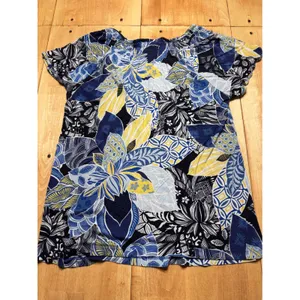 CJ Banks Women's Plus Size 1X Blue Floral Print Smocked‎ Neck Short Sleeve Shirt thumbnail 4