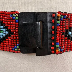 Vintage Seed Bead Geometric Diamond Wide Belt Red Stretch Wood Buckle 42in thumbnail 3