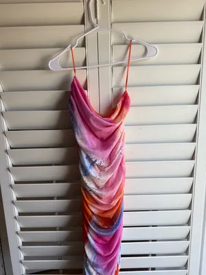 Zara Pink sunset Multiwatercolor Ruched Mini Dress sz m thumbnail 3